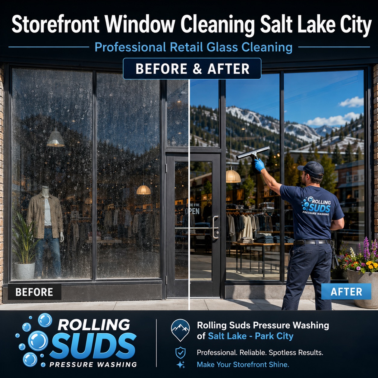 Storefront window cleaning in Salt Lake City for exterior glass entry doors retail stores restaurants and commercial windows