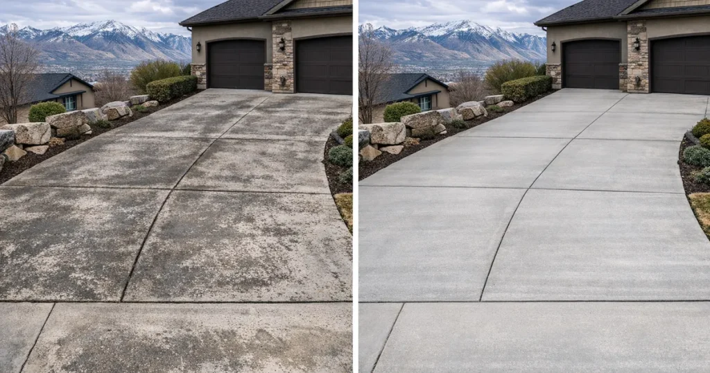 Before and after power washing Salt Lake City driveway cleaning by Rolling Suds