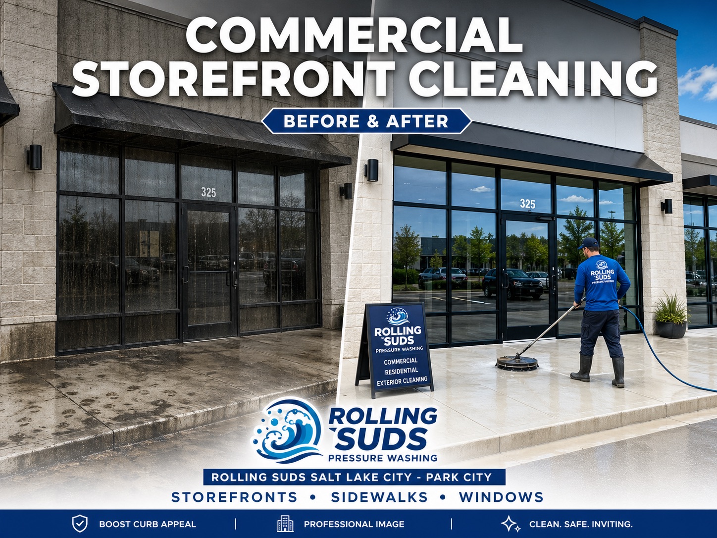 Commercial exterior building washing for a modern property in Salt Lake City and Park City service area