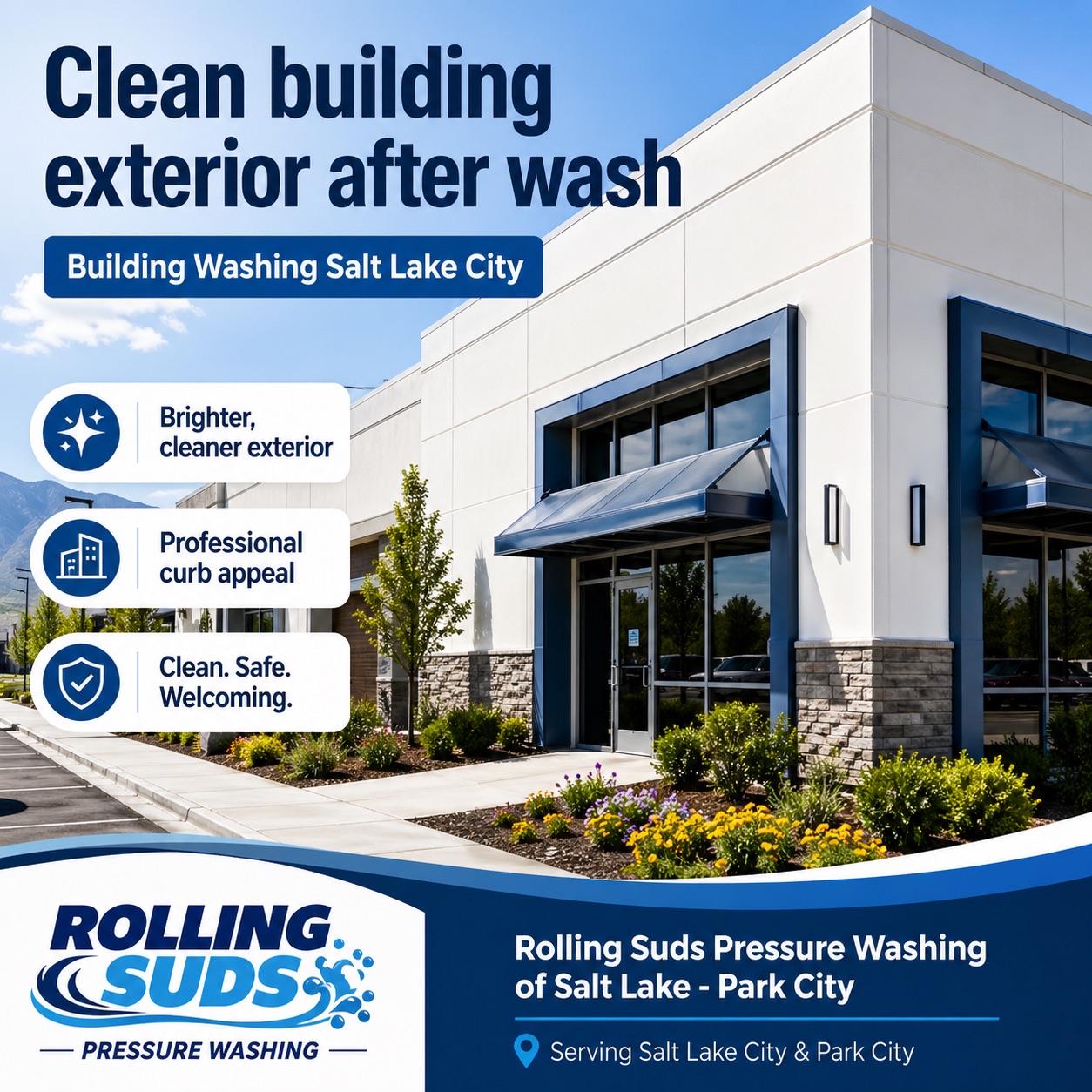Commercial pressure washing crew cleaning an industrial warehouse exterior in the Salt Lake City area
