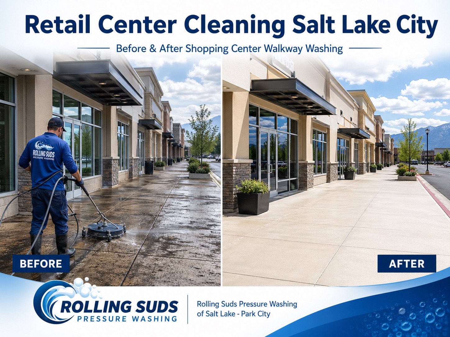 Retail Center Cleaning Salt Lake City storefront sidewalk parking lot and exterior window cleaning