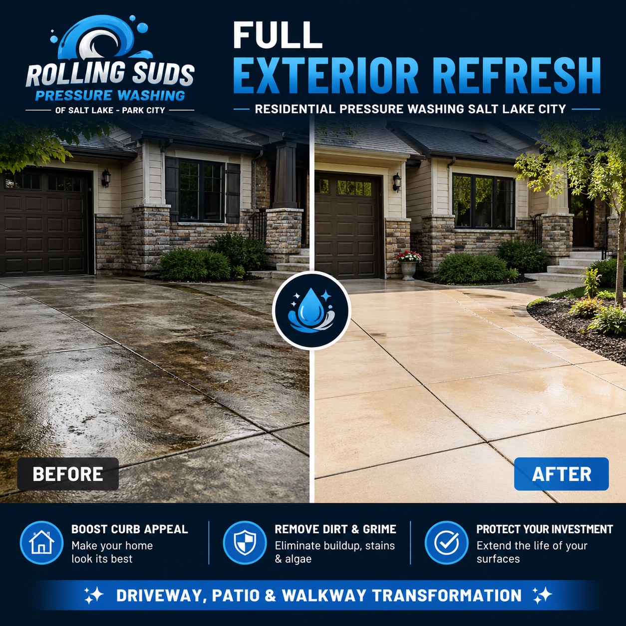 Pressure washing Millcreek driveway patio sidewalk storefront and exterior cleaning by Rolling Suds