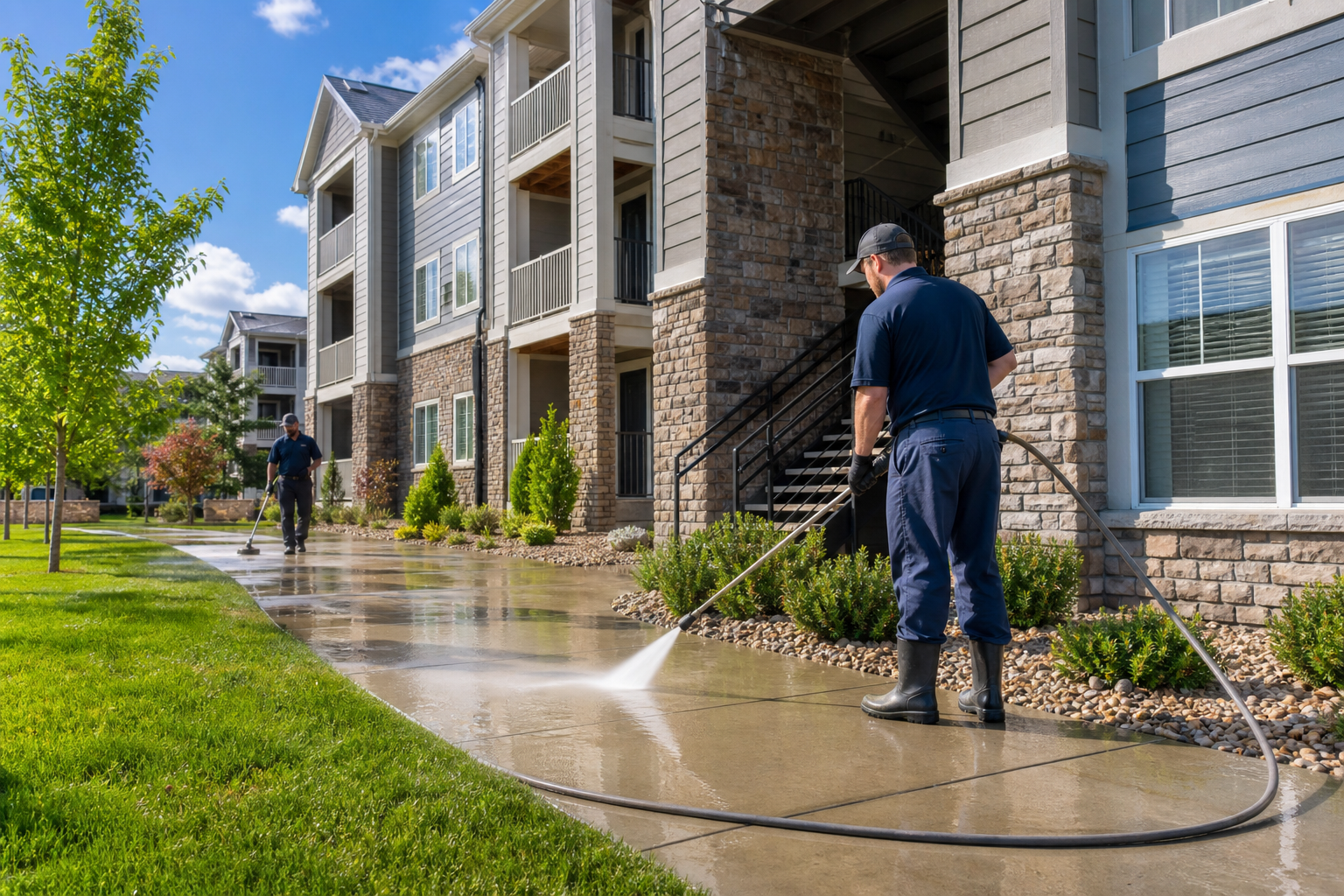 Apartment complex pressure washing crew cleaning a multi-family building exterior in Salt Lake City