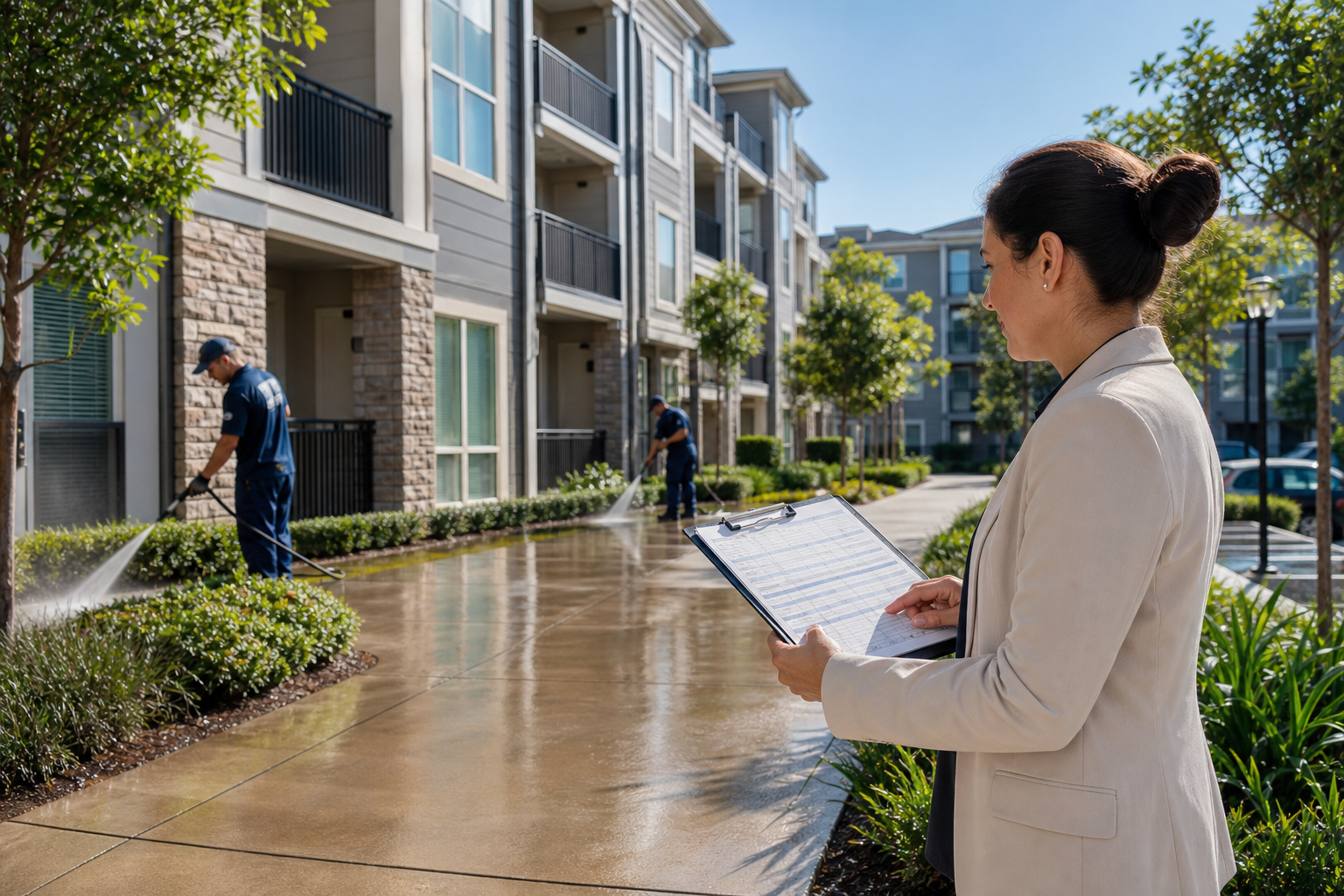 Property manager reviewing recurring exterior cleaning plans for an apartment community.