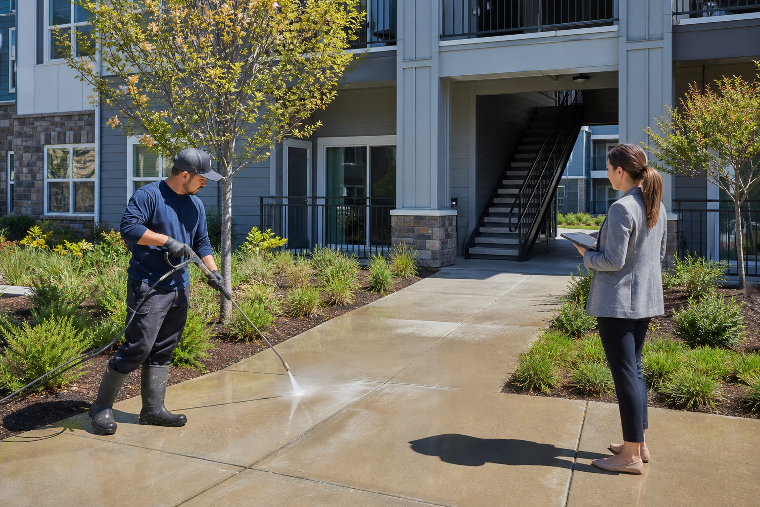 Property manager overseeing apartment pressure washing on a modern multifamily property