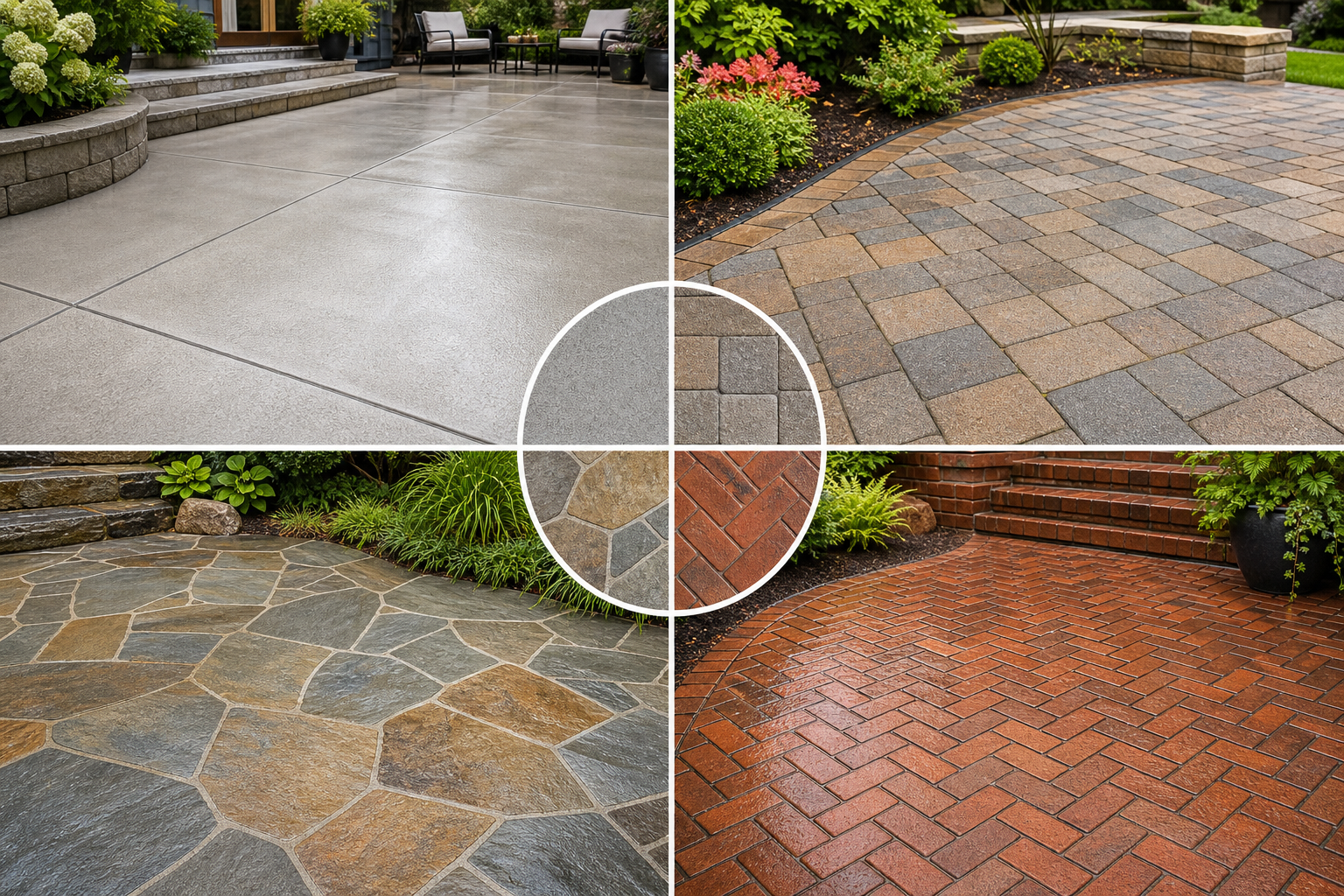 Infographic-style image showing concrete, pavers, stone, and brick patio cleaning examples.