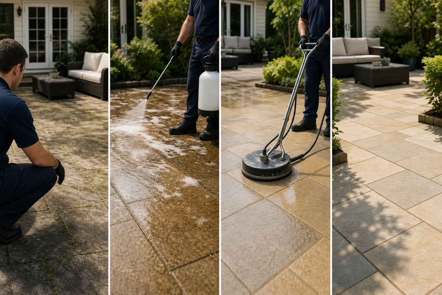 Hero image showing a professional patio cleaning process from inspection to final check.