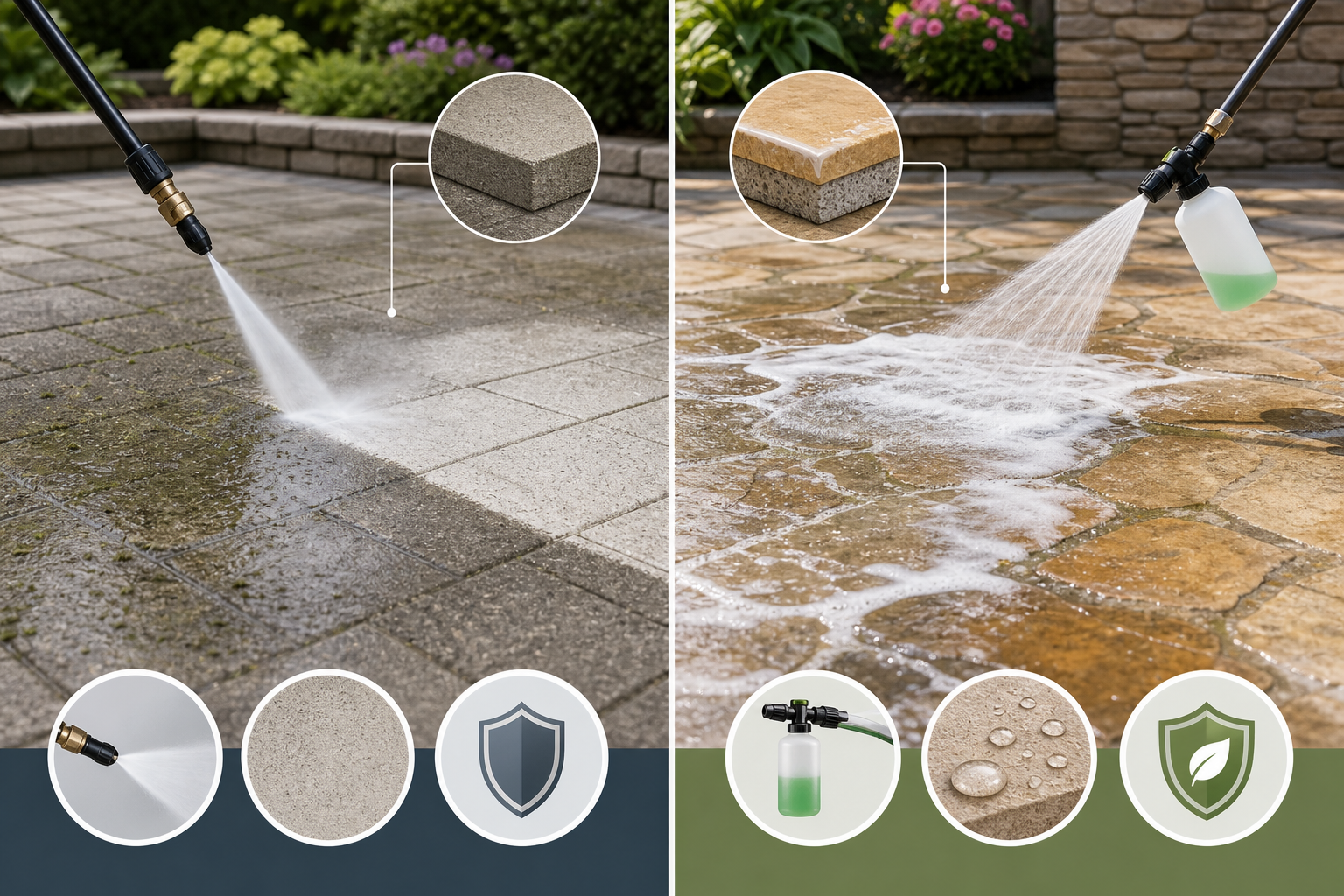 Diagram comparing patio pressure washing and soft washing for different patio surfaces.