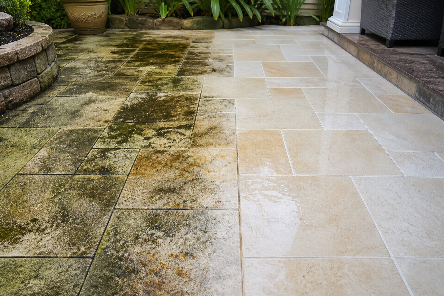 Supporting image of patio stain removal for mildew, algae, dirt, oil, and rust.