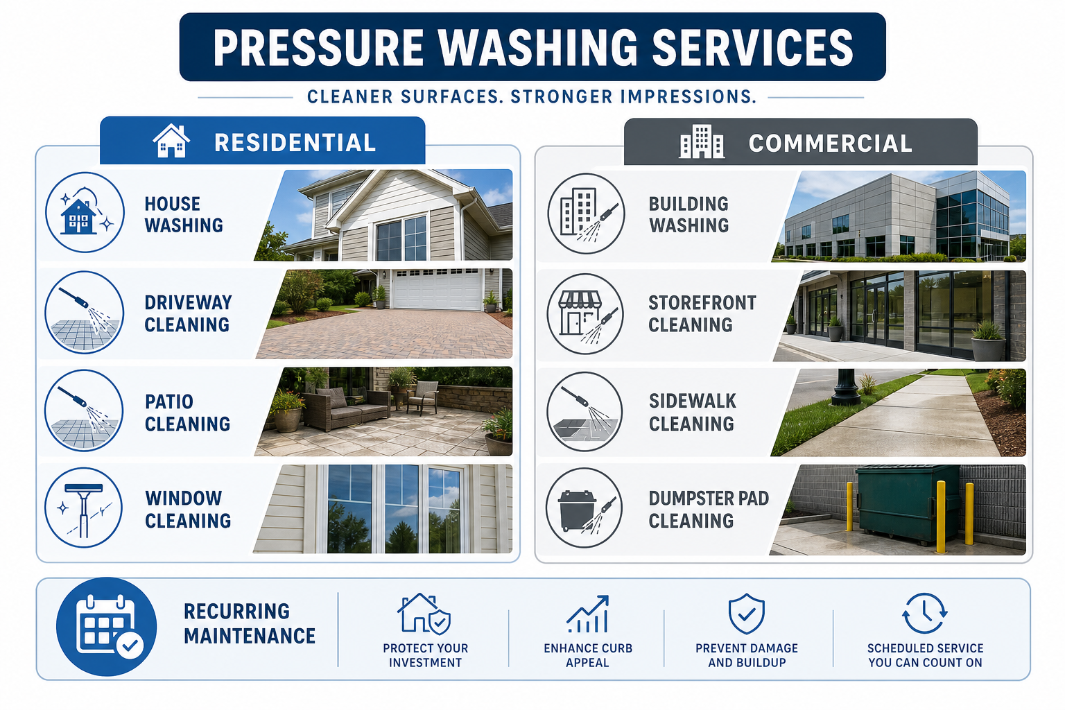 Diagram of residential and commercial pressure washing services including house washing, driveway cleaning, storefront cleaning, and recurring maintenance.