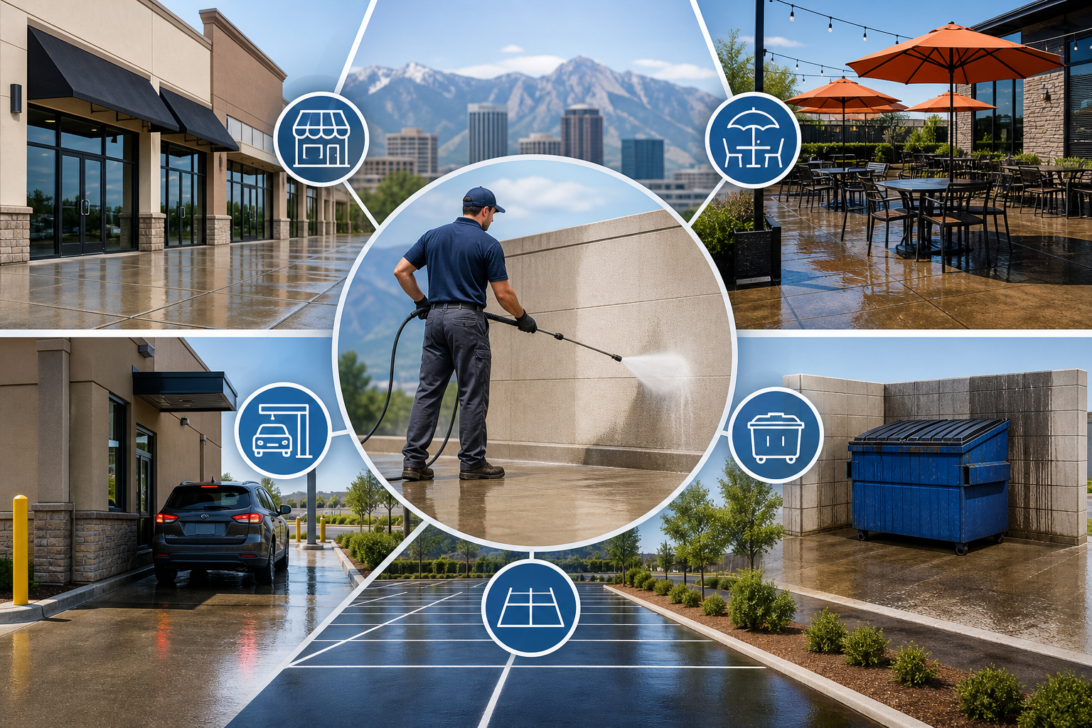 Commercial exterior cleaning services for storefronts, restaurants, and parking areas in Salt Lake City