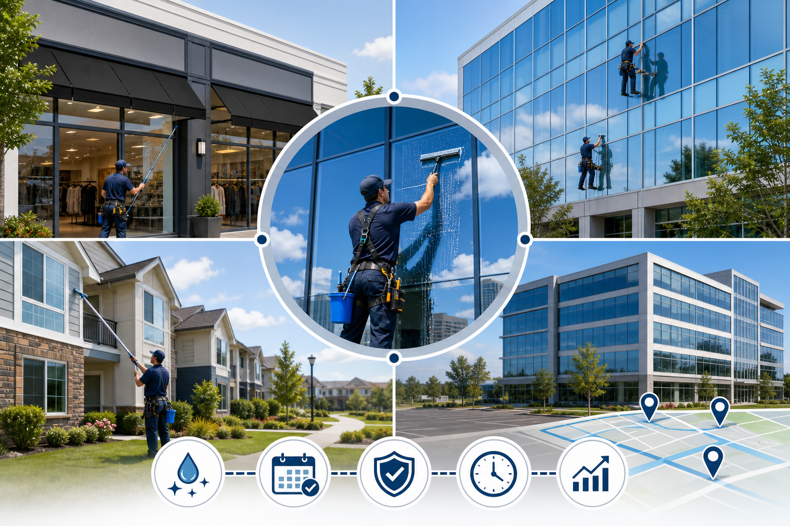 Diagram of commercial window maintenance for storefronts, offices, HOAs, and multi-location properties.