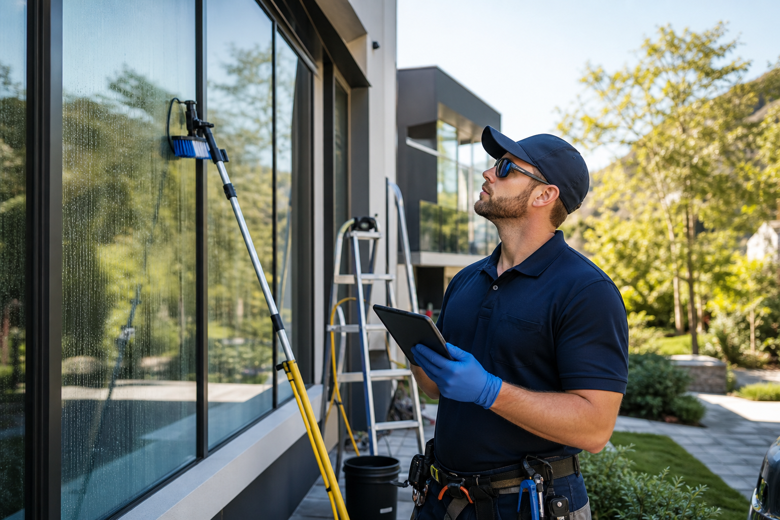 Window cleaning technician reviewing safety and service steps with equipment beside a property checklist.