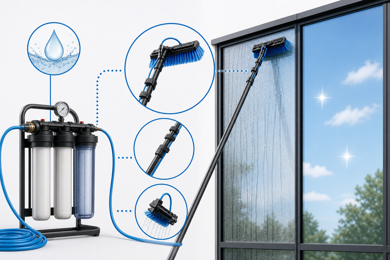 Diagram showing pure water window cleaning equipment and a streak-free glass result.