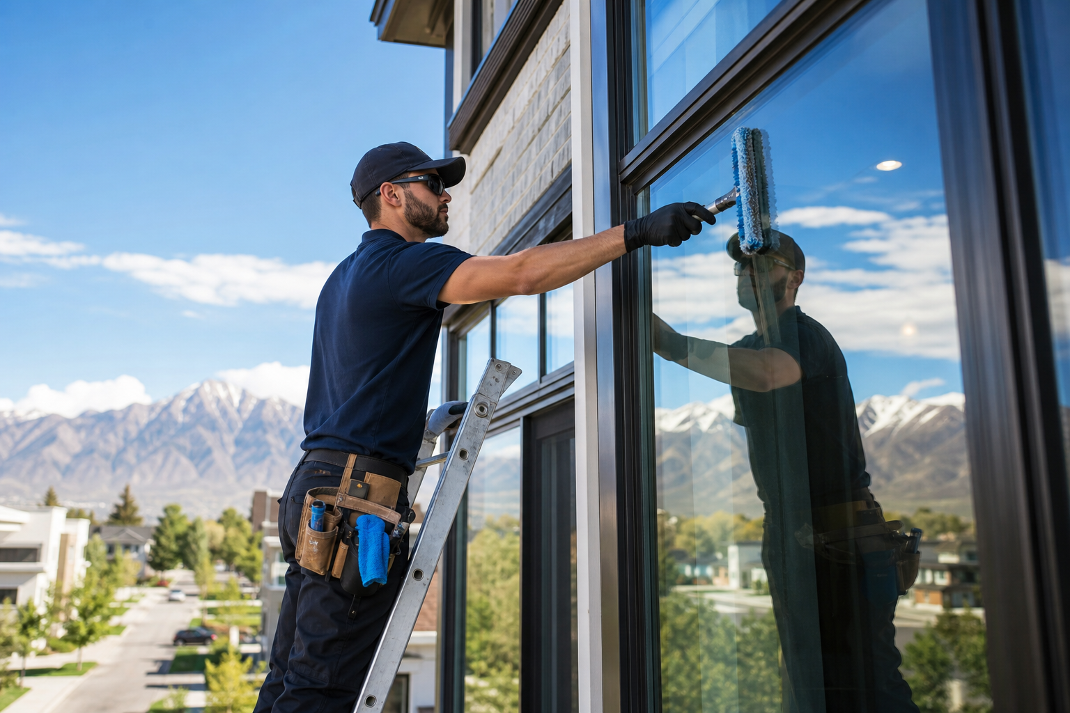 Professional window washing technician cleaning a Salt Lake City window for a streak-free finish