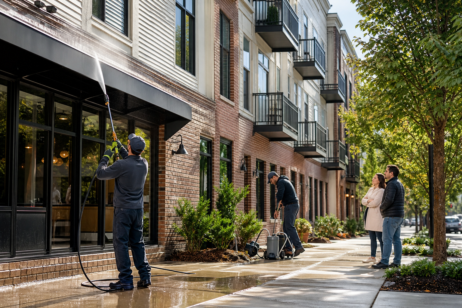 Multi-tenant building wash and facade cleaning for occupied properties