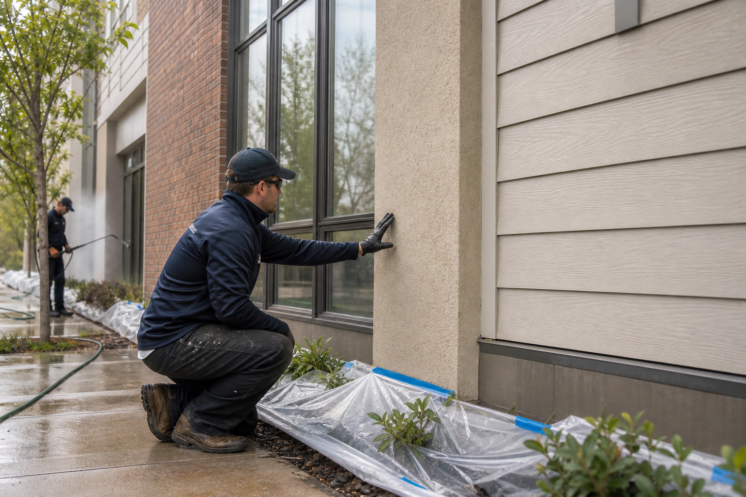 Technician inspecting brick, stucco, and siding before safe commercial facade cleaning.