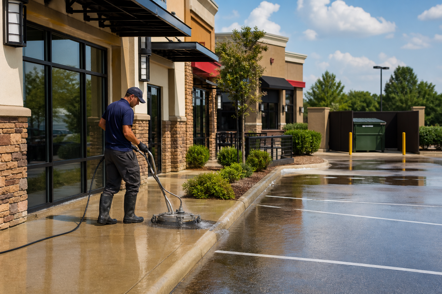 Commercial pressure washing at a storefront and parking lot with visible clean sidewalks and a dumpster pad area.
