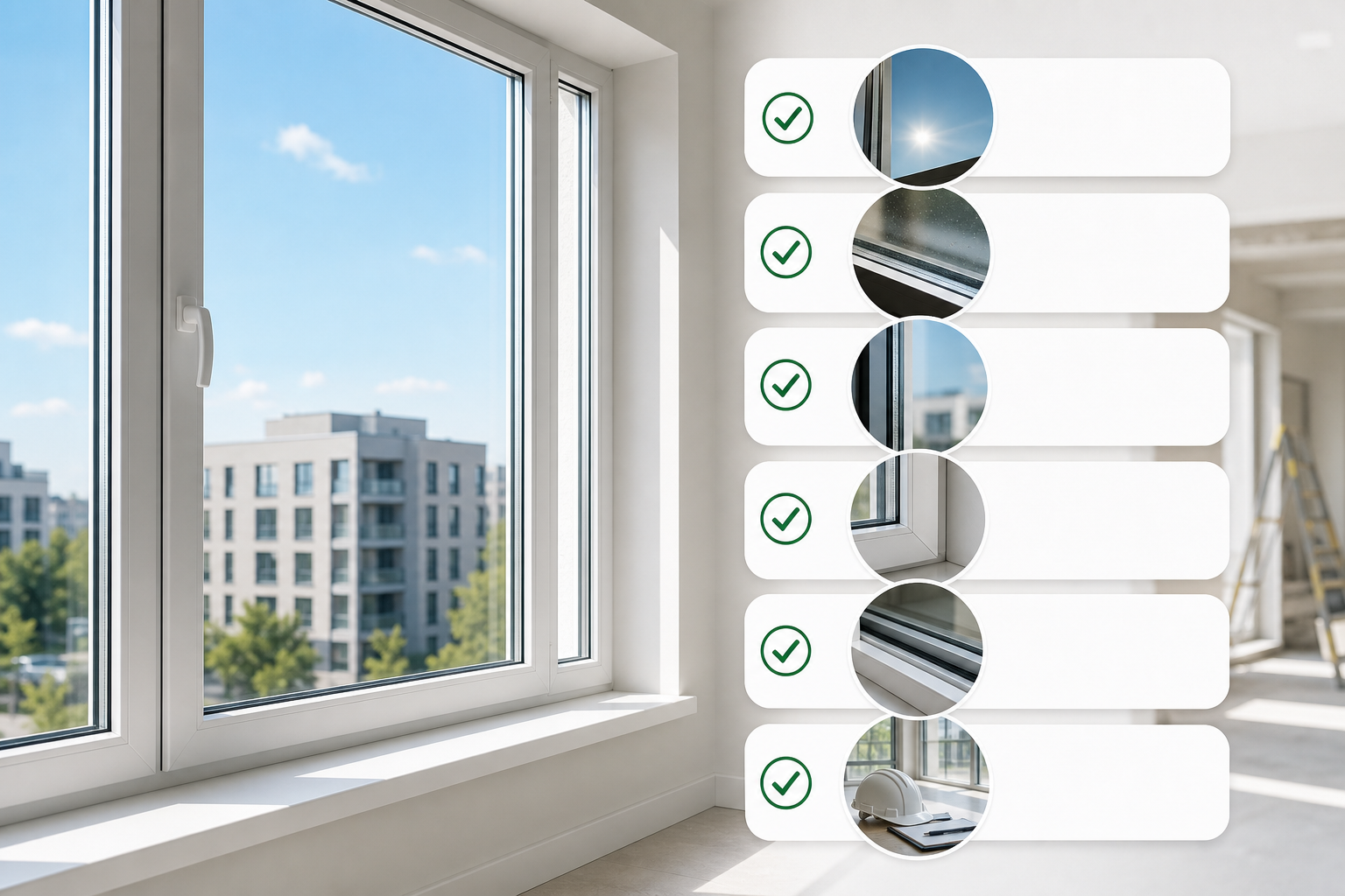 Move-in ready window cleaning checklist showing streak-free glass, clean frames, clear tracks, and inspection-ready windows.