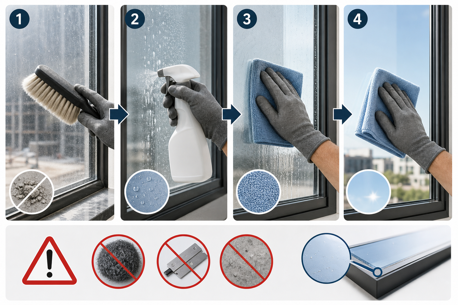 Diagram showing safe steps to clean construction dust from windows without scratching the glass.