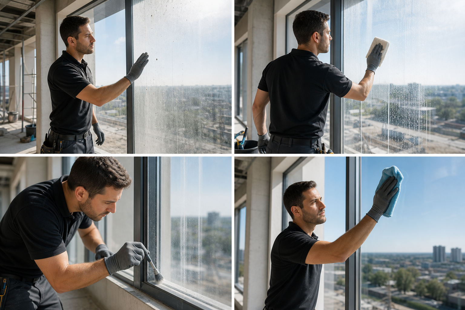 Window detailing process for post-construction glass restoration