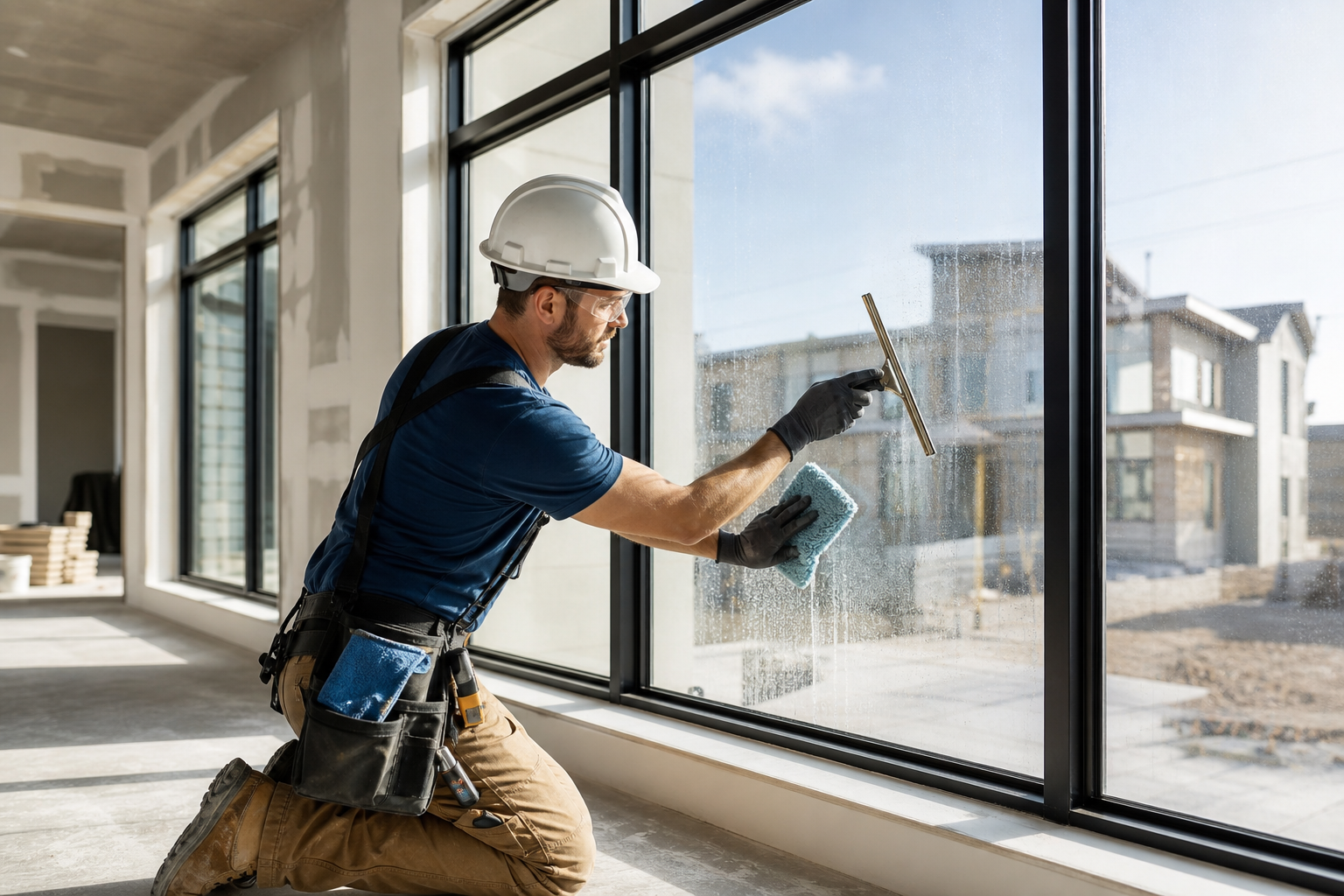 Professional window cleaner detailing dusty new-build windows after construction