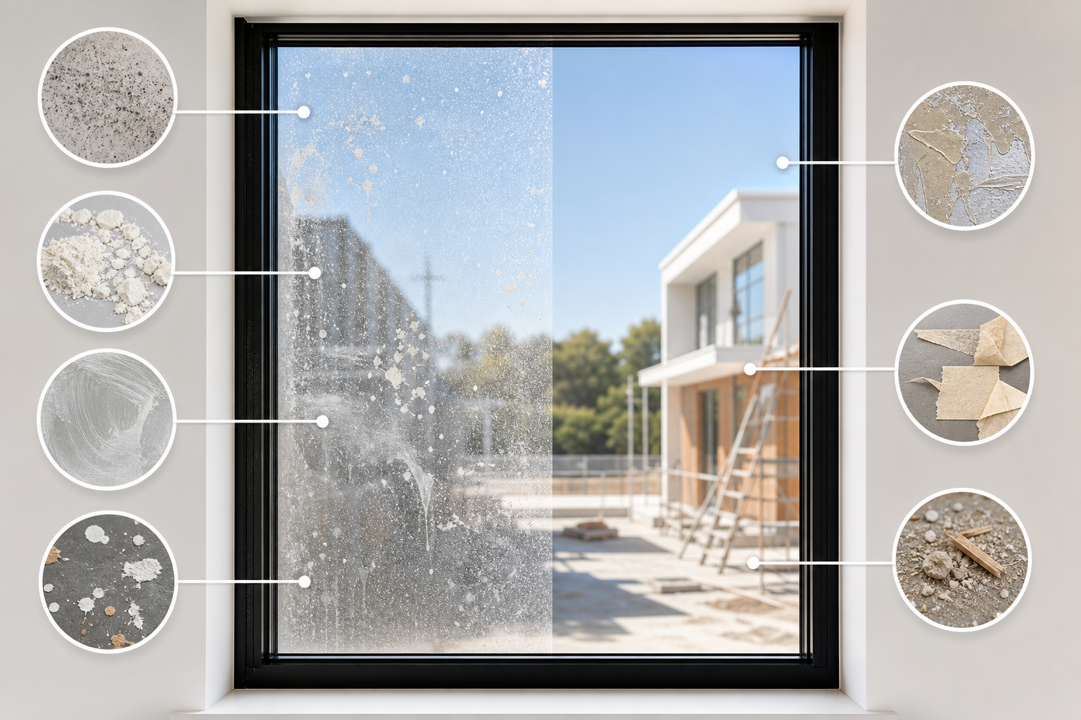 Infographic showing construction dust, paint specks, adhesive, and plaster residue removed from windows