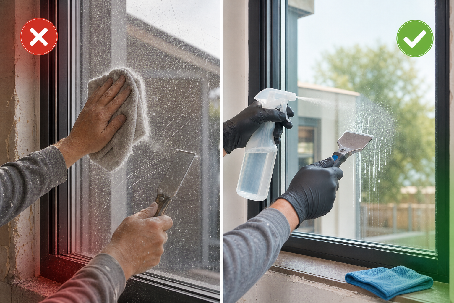 Diagram comparing unsafe dry wiping with scraper-safe glass cleaning on new windows