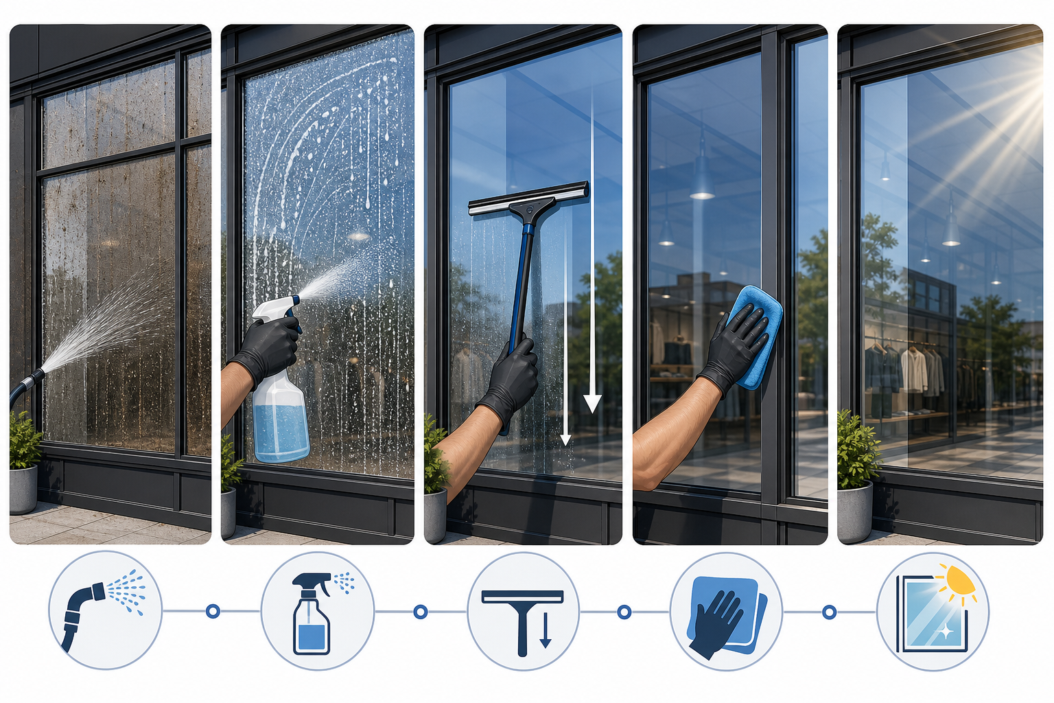 Diagram showing the steps to clean dirty storefront windows without streaks.
