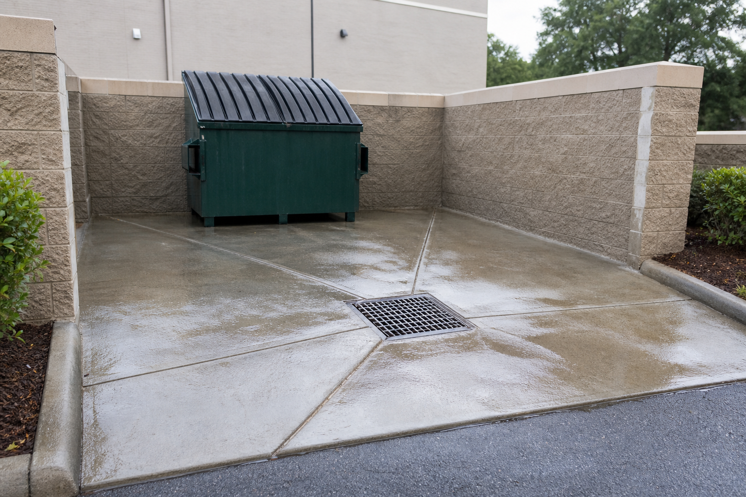 Commercial dumpster pad showing drainage and runoff considerations for sanitation cleaning.