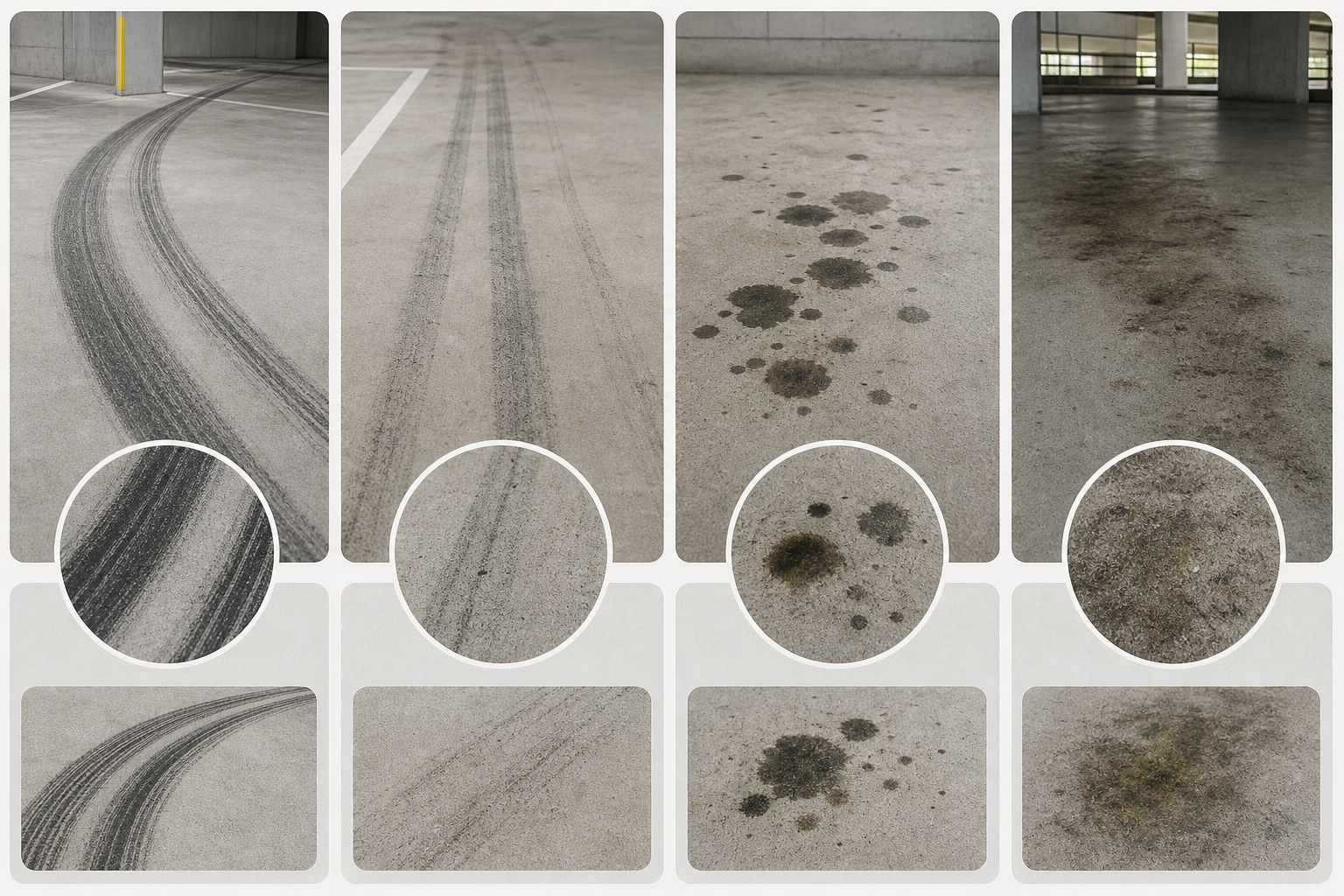 Infographic comparing fresh tire scuffs, old tire marks, oil spots, and grease buildup on parking garage concrete.