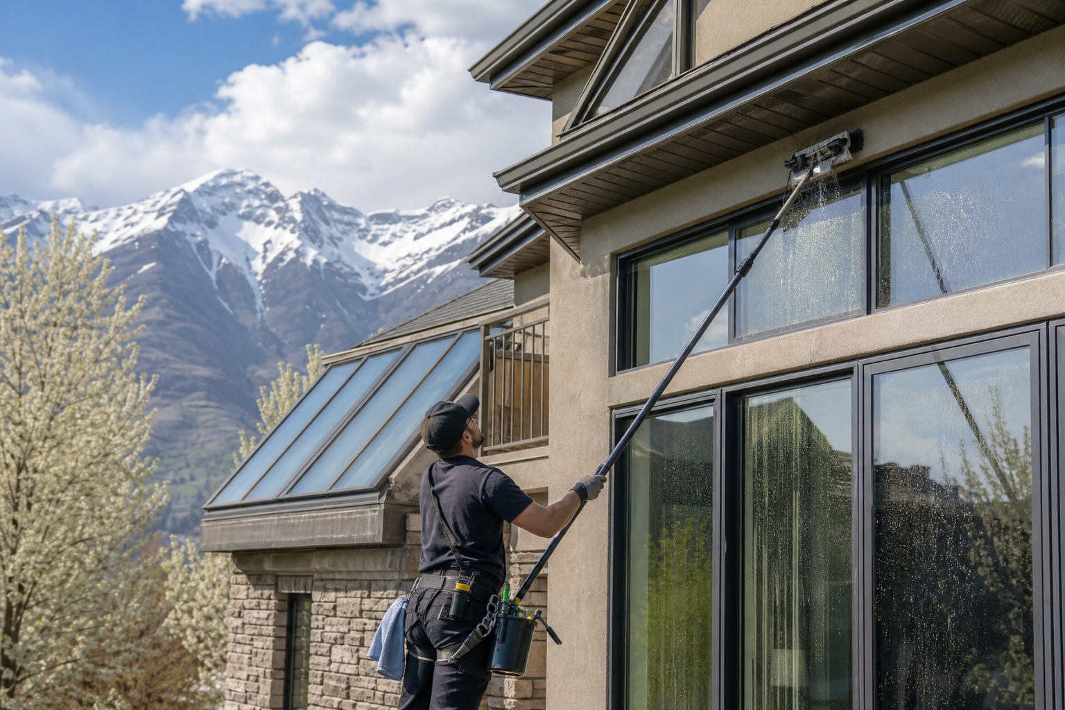 Professional window cleaning for hard-to-reach exterior windows during pollen season