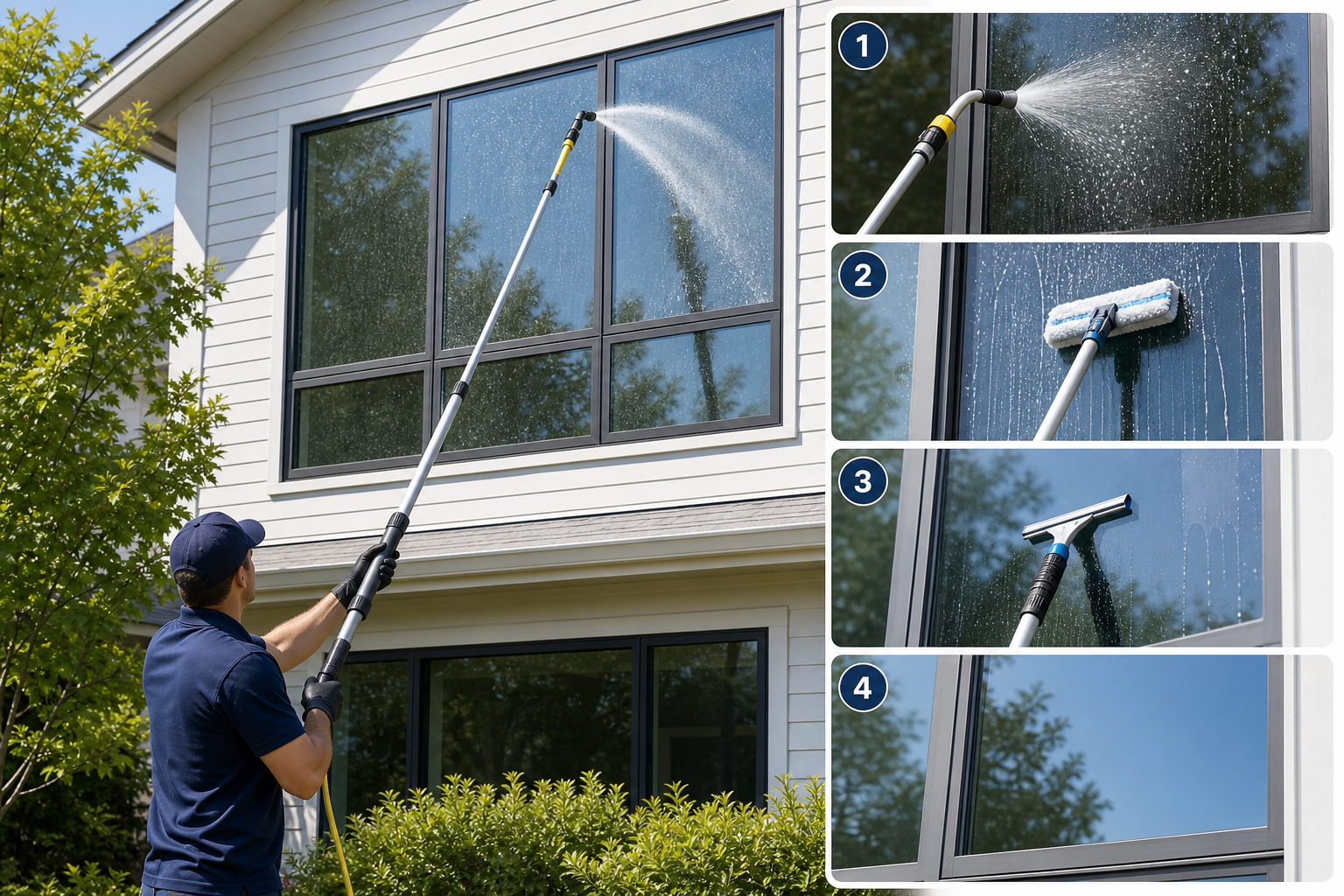Diagram of the best way to remove pollen from exterior glass without streaks