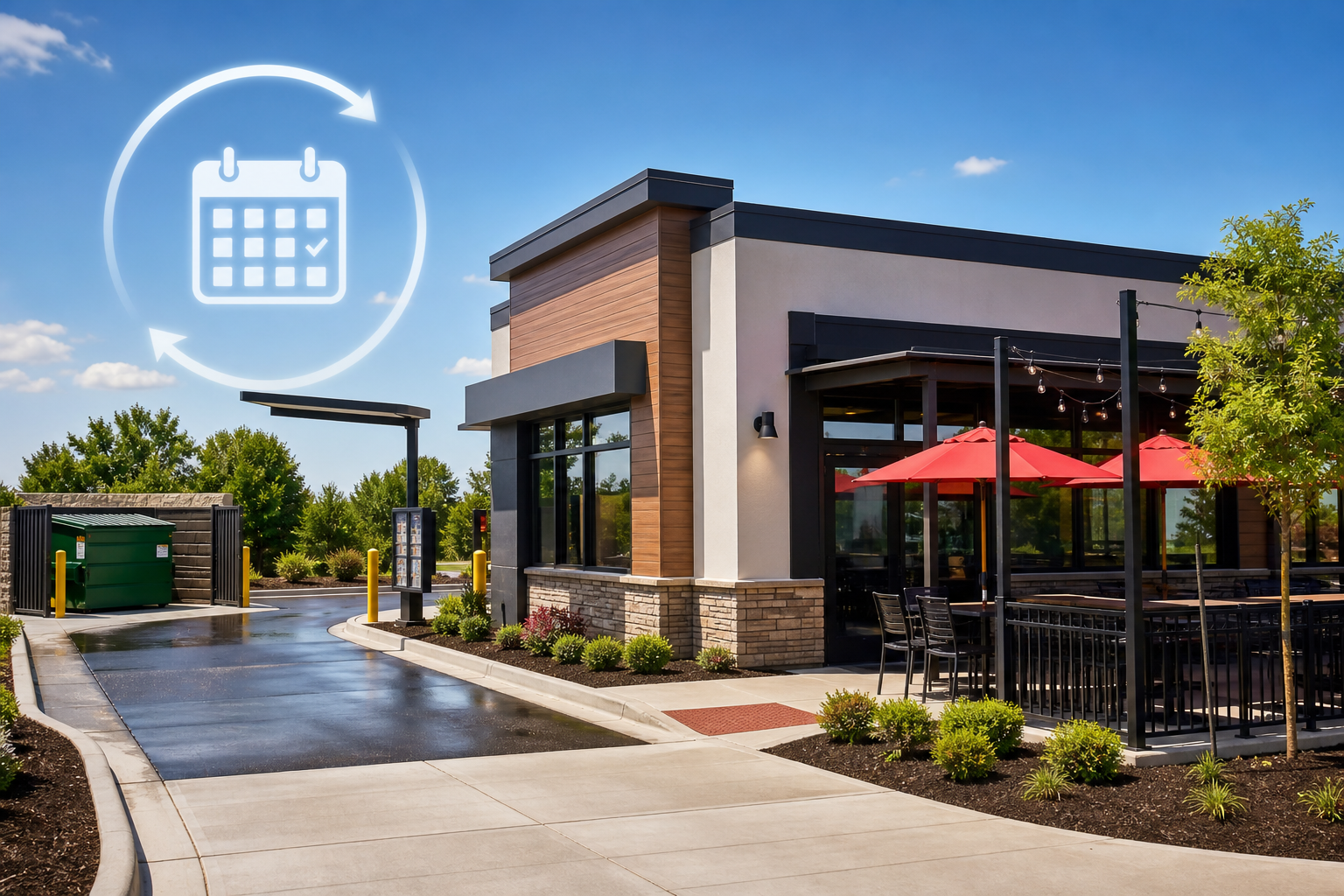 Restaurant exterior showing drive-thru, sidewalks, and patio as part of a recurring cleaning maintenance plan.