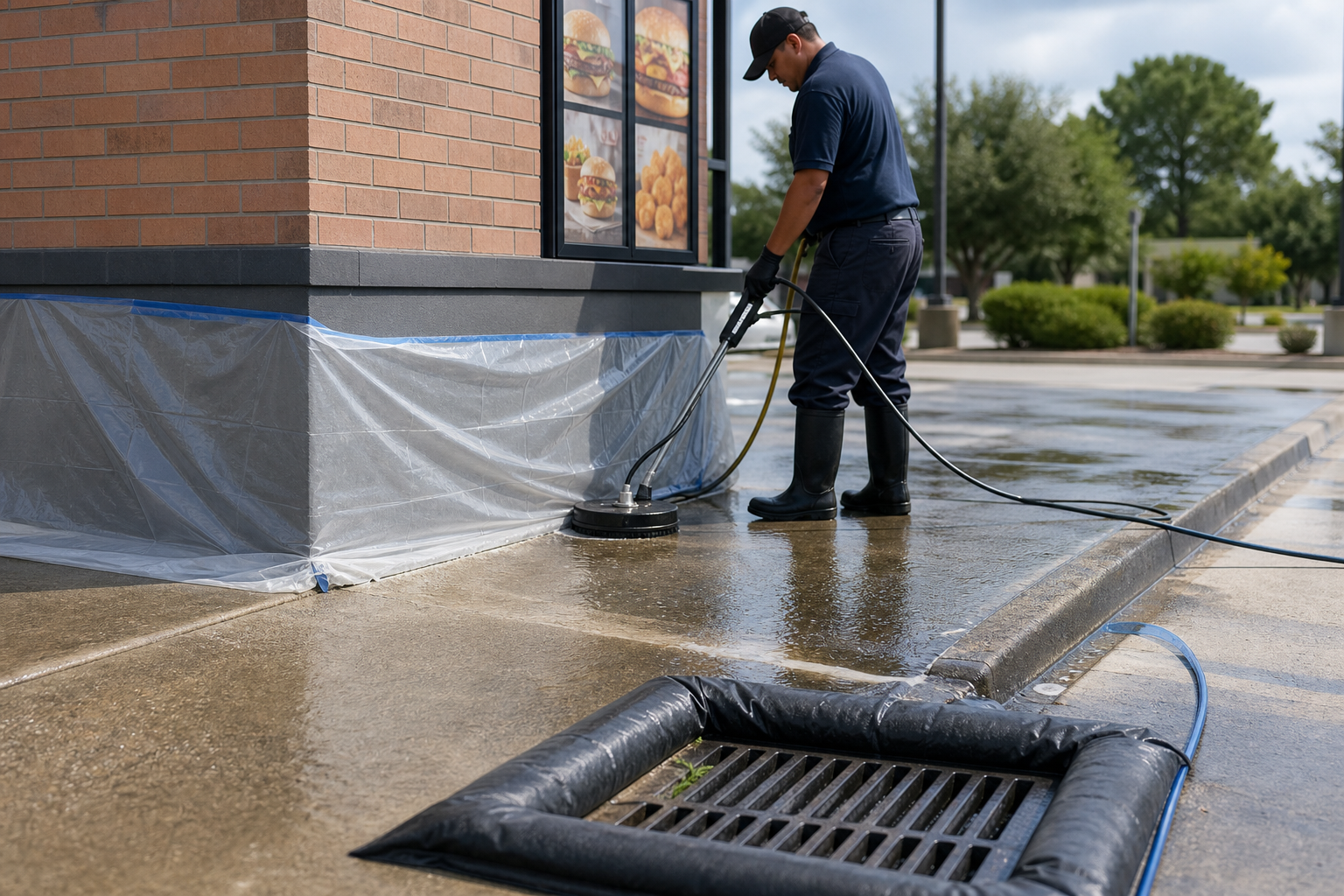 Technician using surface-safe degreasing and runoff control while cleaning a restaurant exterior.