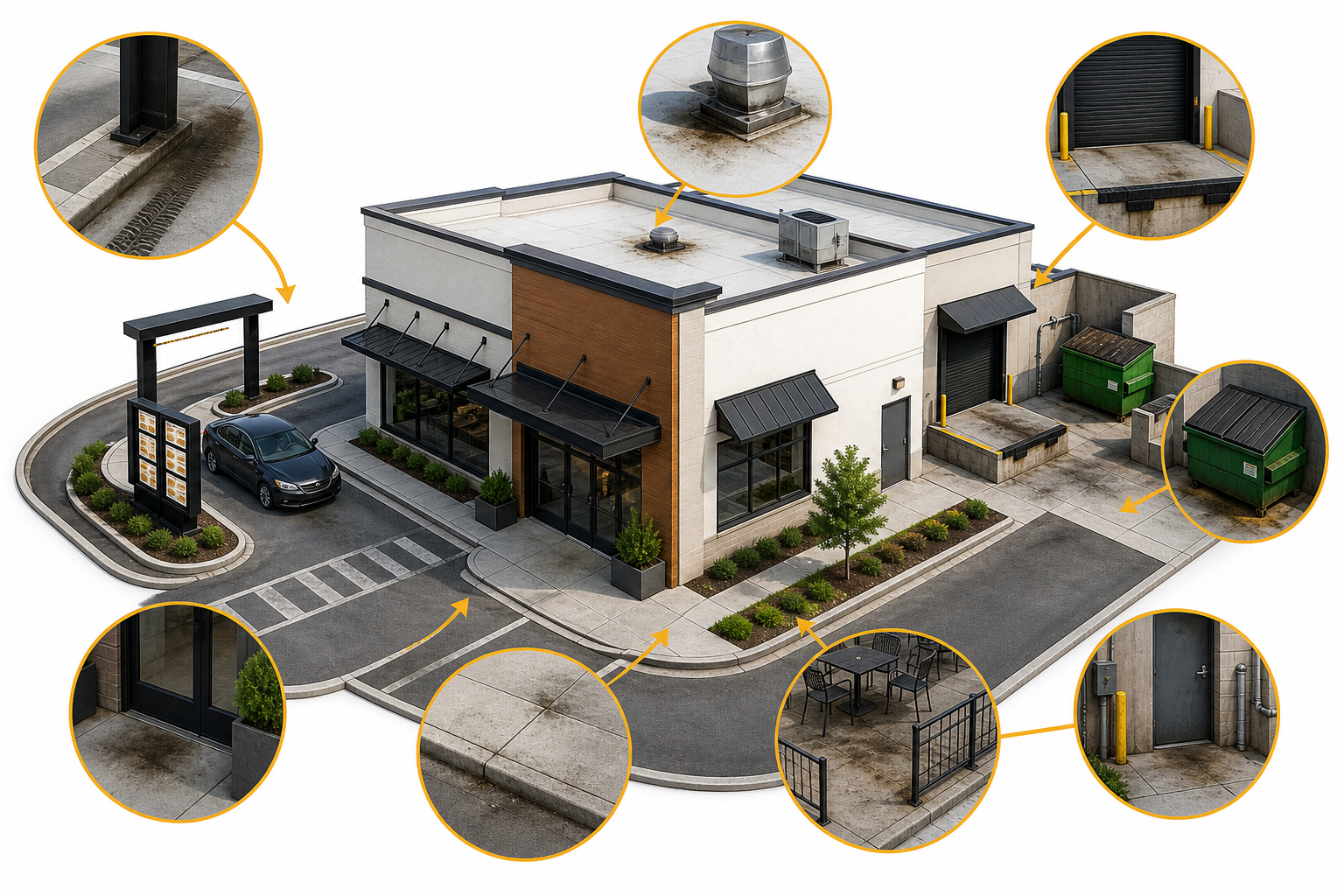 Diagram of common restaurant exterior grease buildup zones including drive-thru lanes, sidewalks, patios, and dumpster areas.