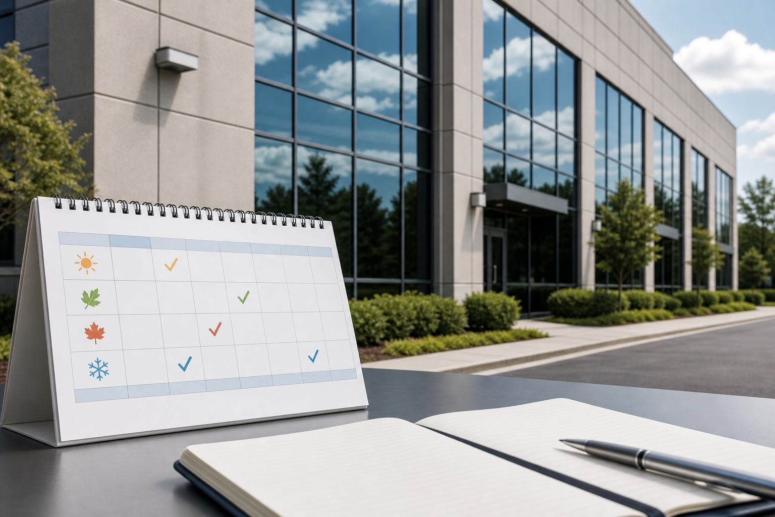 Calendar and commercial building exterior illustrating recurring maintenance scheduling options.