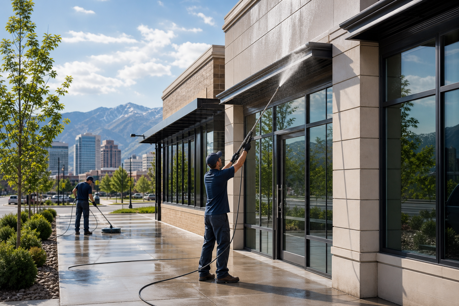 Commercial building exterior cleaning in Salt Lake City with pressure washing equipment and a clean modern facade.