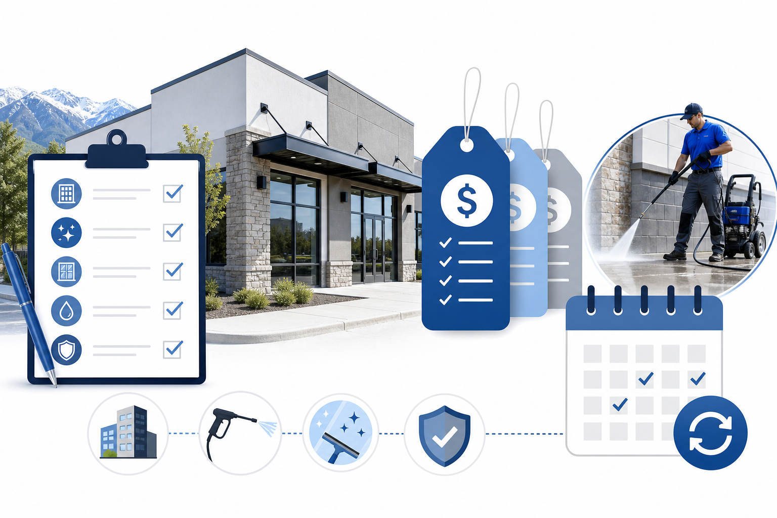 Commercial cleaning quote pricing infographic with storefront cleaning, pressure washing, and recurring maintenance icons.