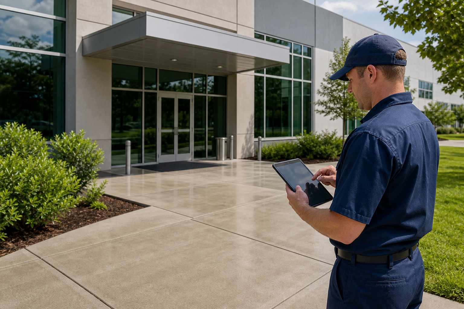 Technician reviewing a recurring commercial surface cleaning plan beside a clean building entry and walkway.