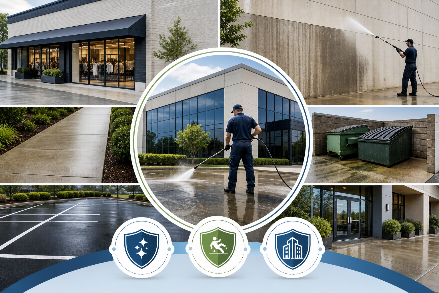 Infographic showing commercial exterior cleaning services for storefronts, sidewalks, concrete, dumpster pads, and building exteriors.