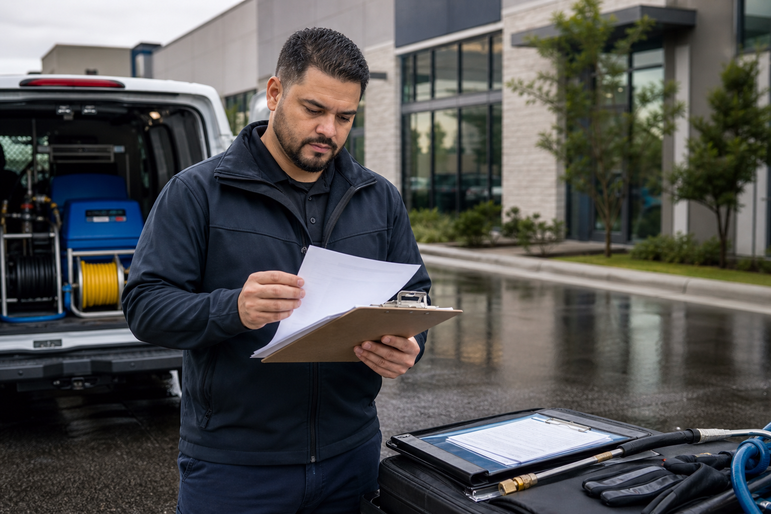 Commercial exterior cleaning vendor with paperwork and service vehicle demonstrating insurance and vendor readiness.