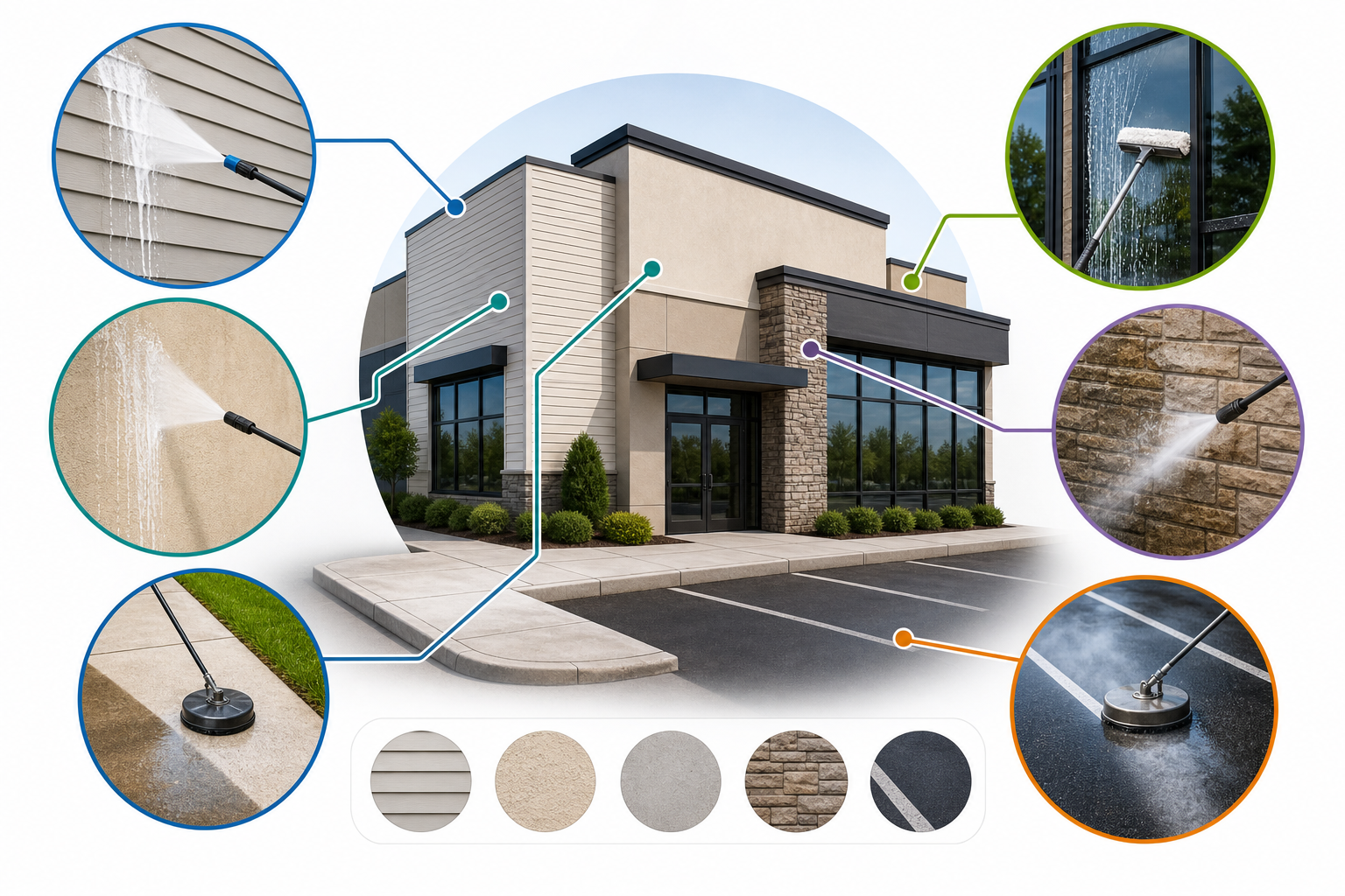 Diagram comparing soft washing and pressure washing services for commercial properties, including concrete cleaning, storefront cleaning, and facade cleaning.