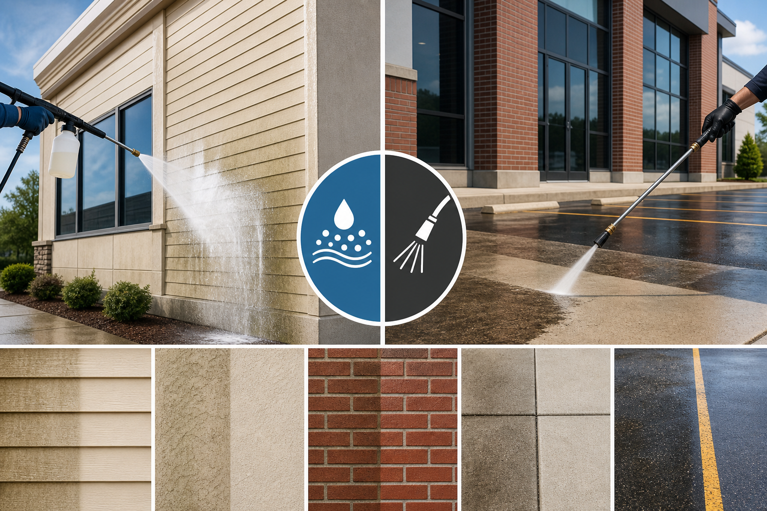 Side-by-side diagram showing soft washing for delicate commercial surfaces and pressure washing for durable concrete areas.