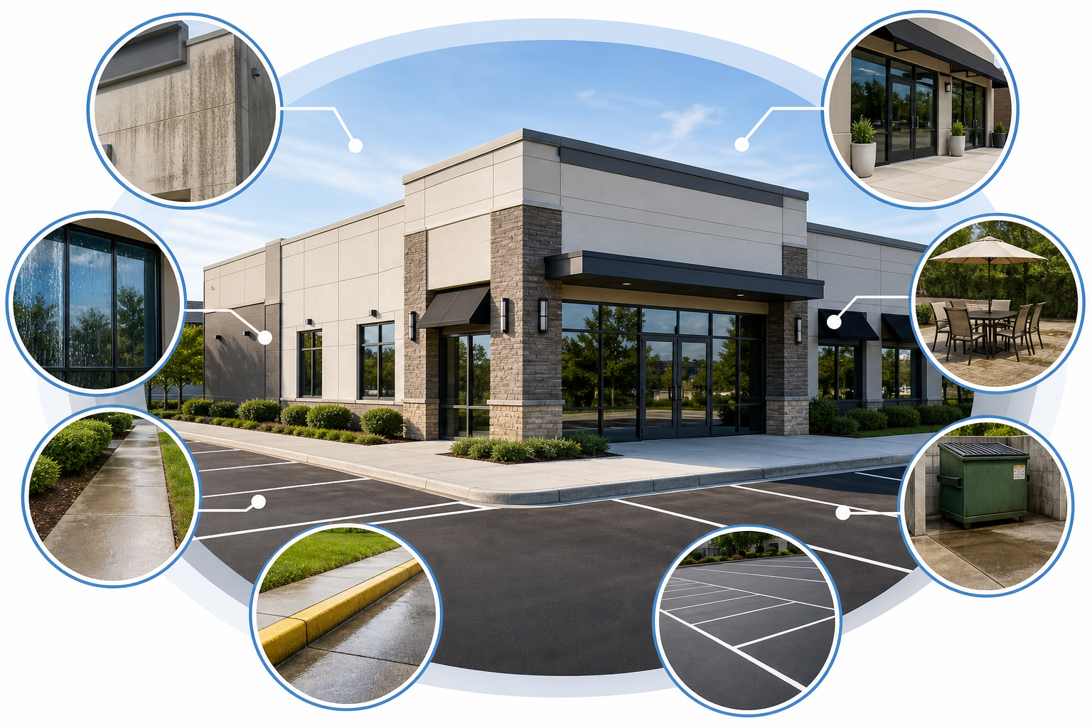 Infographic of commercial exterior cleaning areas on a business property, including building walls, sidewalks, parking lot, windows, and dumpster pads.