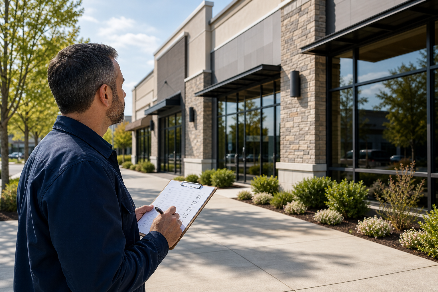 Facility manager planning recurring exterior maintenance for a commercial property.