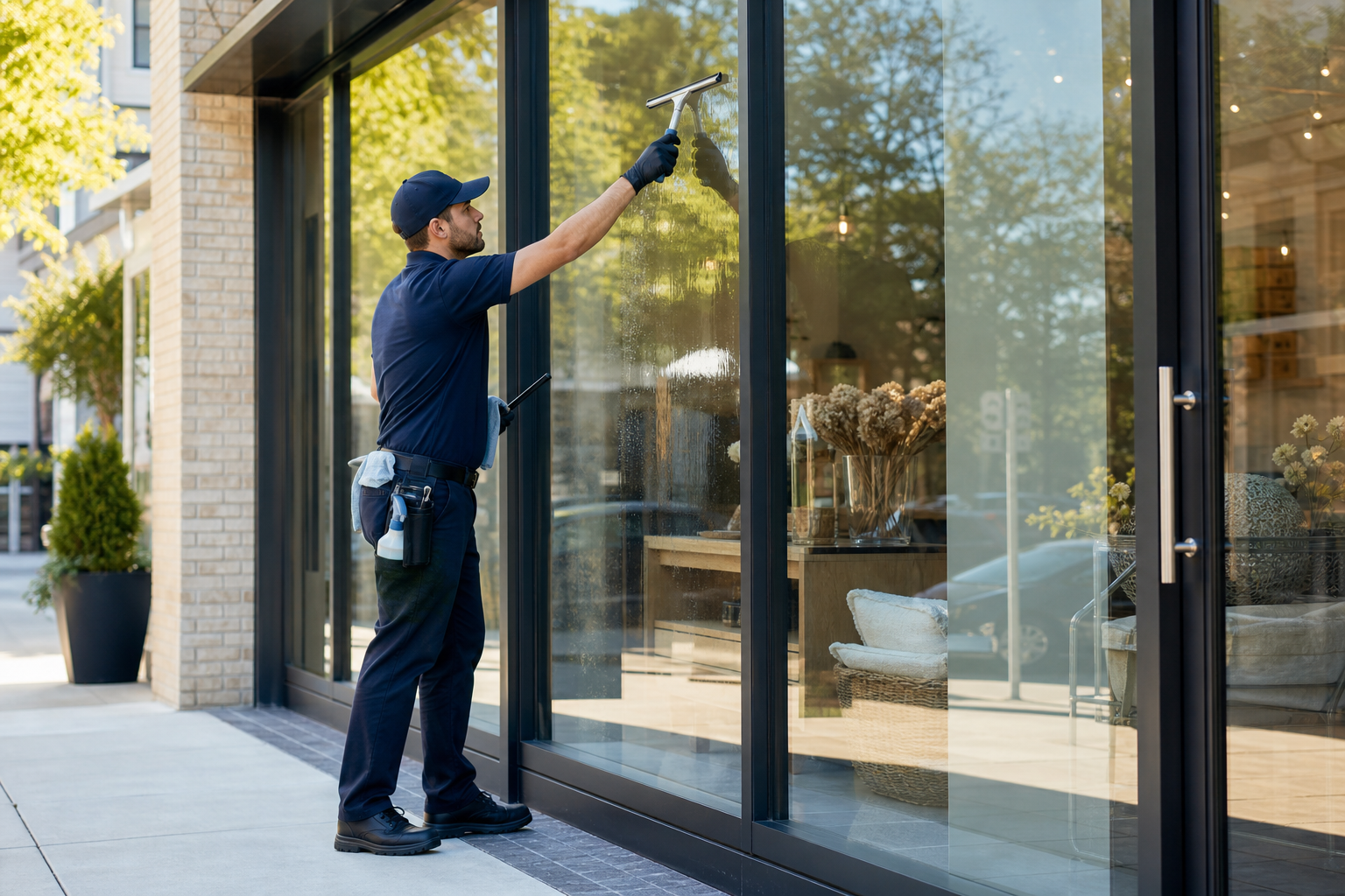 Storefront window cleaning at a retail or restaurant property with clear glass doors and display windows.