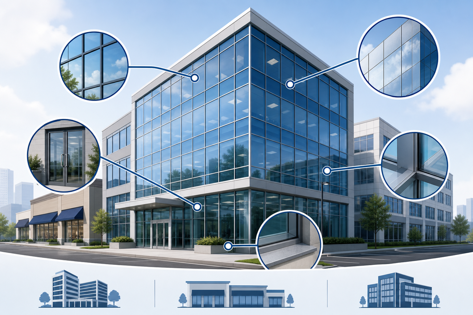 Infographic showing what commercial glass cleaning includes for business properties, including windows, doors, frames, and sills.