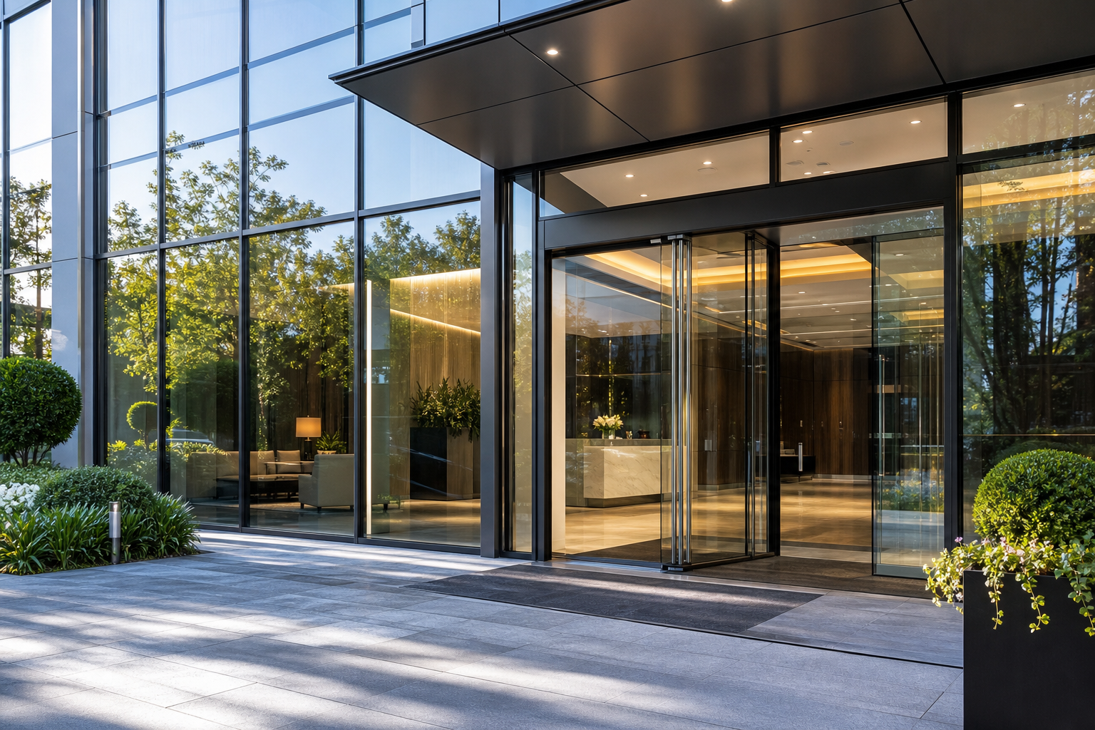 Clean commercial glass improving curb appeal and brand perception at a professional business entrance.