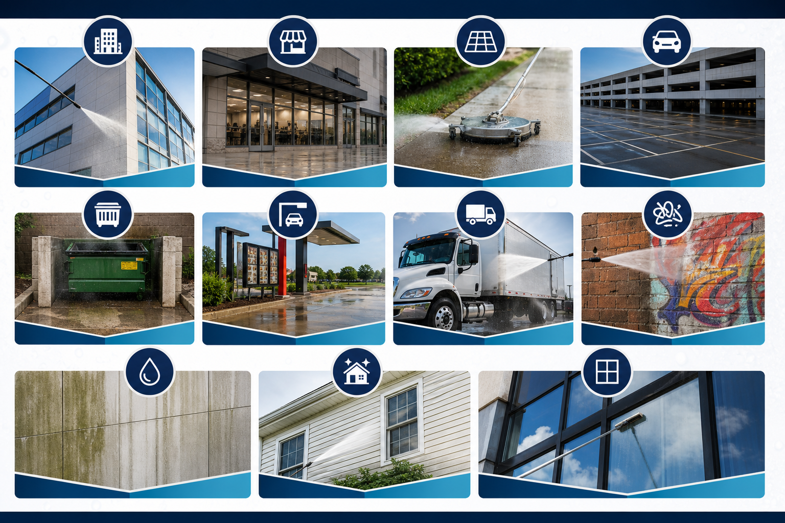 Infographic of commercial exterior cleaning services including storefronts, sidewalks, parking lots, dumpster pads, fleet washing, and window cleaning.